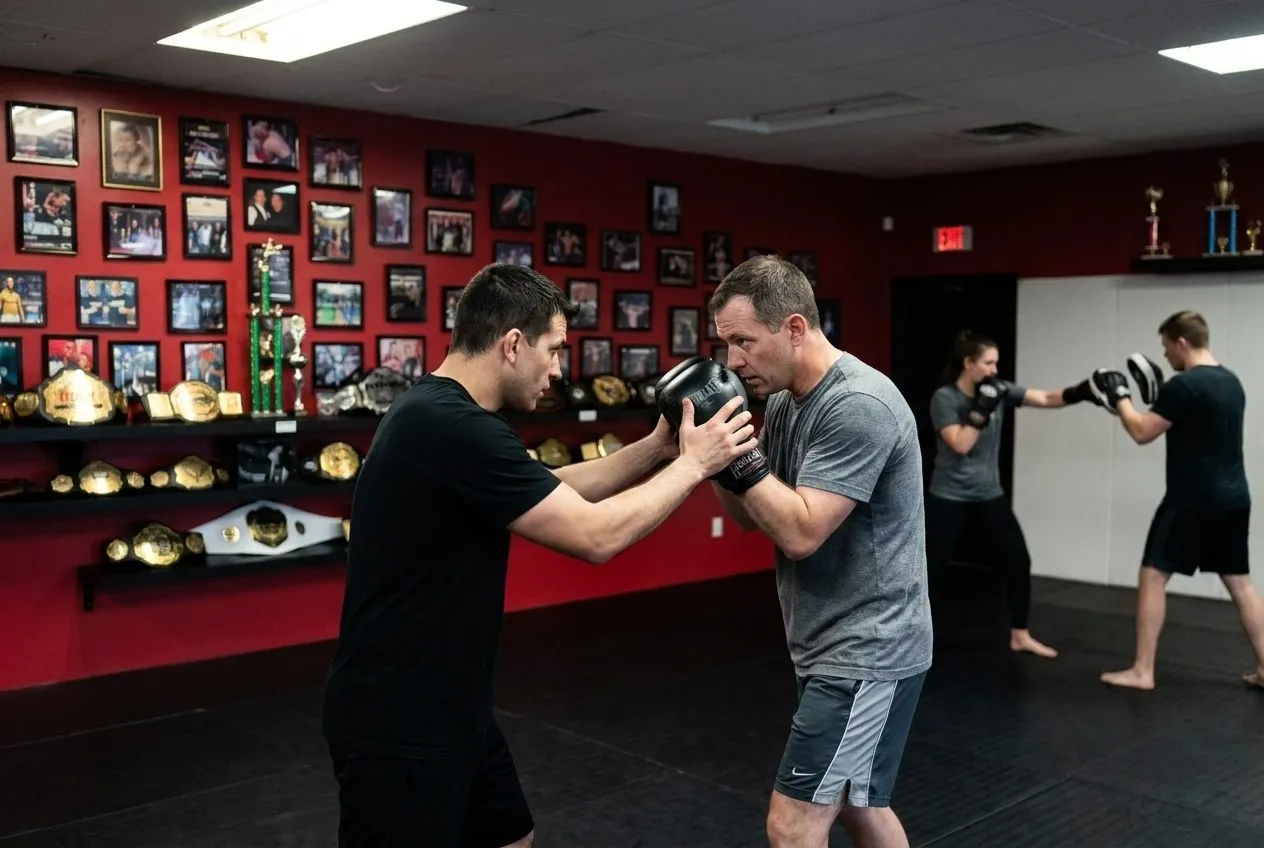 An instructor adjusting a beginner's guard during class